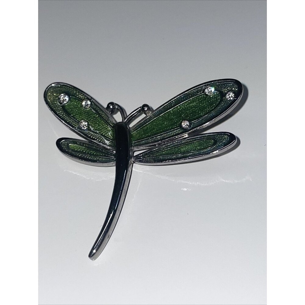 LIZ‎ CLAIBORNE Enamel Dragonfly Pin Green Brooch Clear Rhinestones Retro A179
